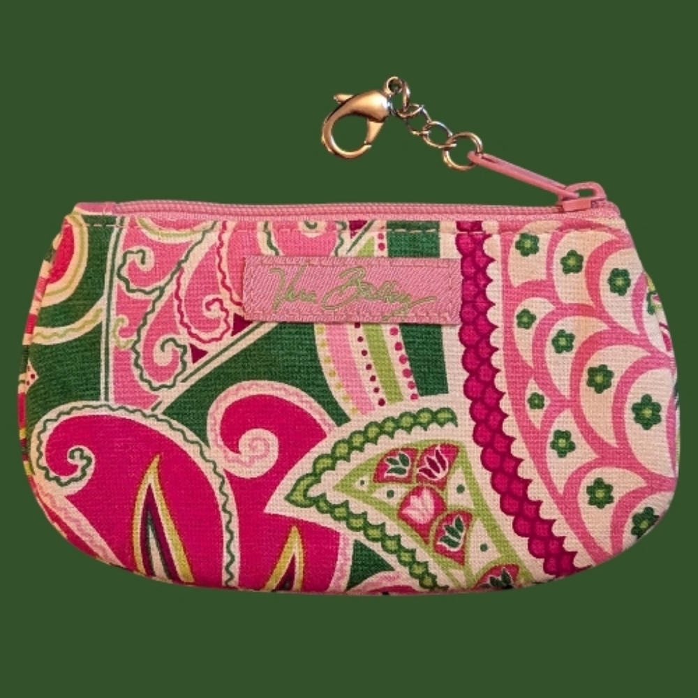 EUC Vera Bradley Pinwheel Pink Clip Zip ID Holder Change Coin Purse Pink Green